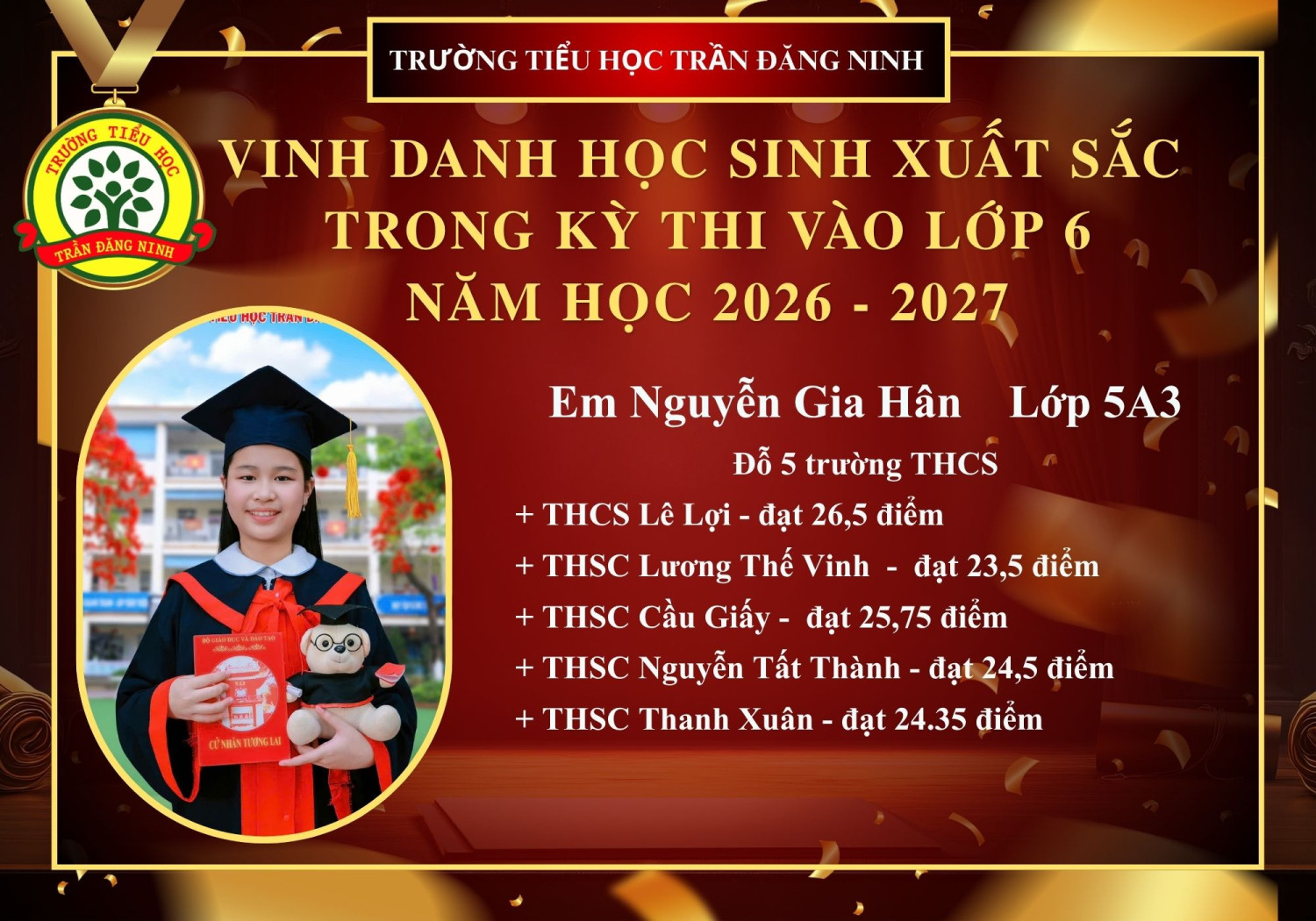 TRƯỜNG TIỂU HỌC TRẦN ĐĂNG NINH VINH DANH HỌC SINH LỚP 5 XUẤT SẮC TRÚNG TUYỂN VÀO CÁC TRƯỜNG THCS CHẤT LƯỢNG CAO NĂM HỌC 2026 – 2027